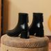 Chunky Heel Short Boots For Women, Mid Heel Soft Leather Back Zipper Mid-Calf Fashion Boots, 2024 New Women's Boots, Pointed Toe S_vogvips.com