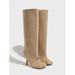 Wide-Calf Knee-High Suede Boots For Women - Stretchy US Plus Size Fashion Boots With Square Toe & Breathable Mesh Lining (Black/Tan/Beige)_vogvips.com