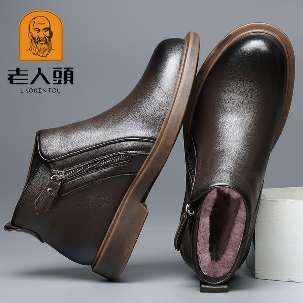 European Warm Series Elderly Winter Fleece-Lined Wool Warm Genuine High-Top Short Men's Cotton Shoes Business Formal Leather Boots_vogvips.com