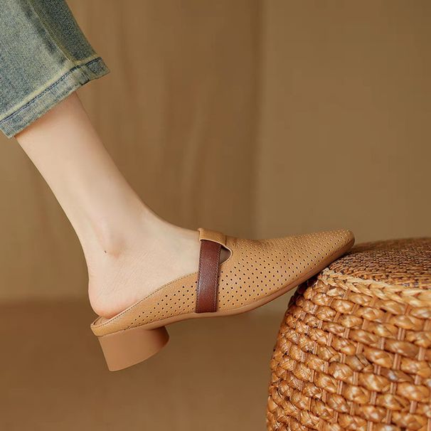 French Breathable Hollow Bag Head Half Slippers Women's Soft Leather Round Head Sandals Lazy Low Heel Muller Shoes_vogvips.com
