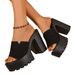 Summer Style Solid Color Women's Chunky Heel Round Toe Sandals Plus Size Black European And American Style_vogvips.com