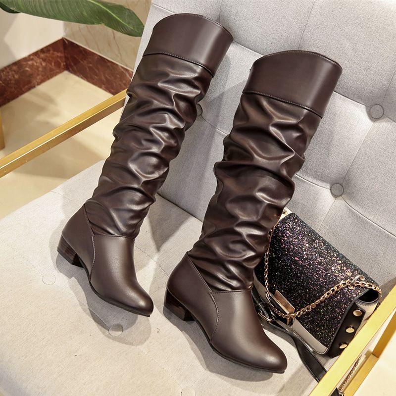Large Shoes 2024 Autumn/Winter New Mid Heel Women's Knight Solid Color Pleated High Barrel Leather Boots_vogvips.com