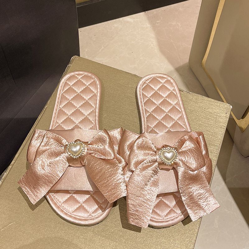 Trendy Satin Slippers For Women, Summer Home Soft-soled Open-toe , Bowknot Forest-style Sweet Slip-ons In Stock_vogvips.com