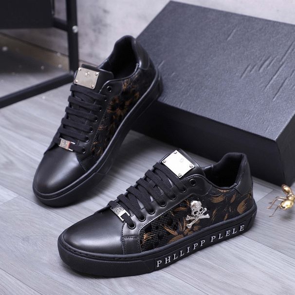 2023 Autumn Black Silver Skull Sneakers Low-top Genuine Leather Color-blocking Casual Men's Trendy Shoes_vogvips.com