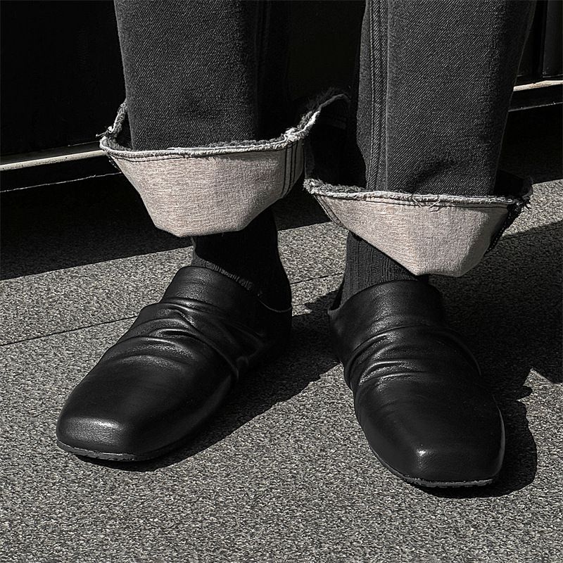Square Toe Pleated Loafers, One Foot Flat Half Slipper Shoes, Couple's Slippers 14949-24249-T_vogvips.com