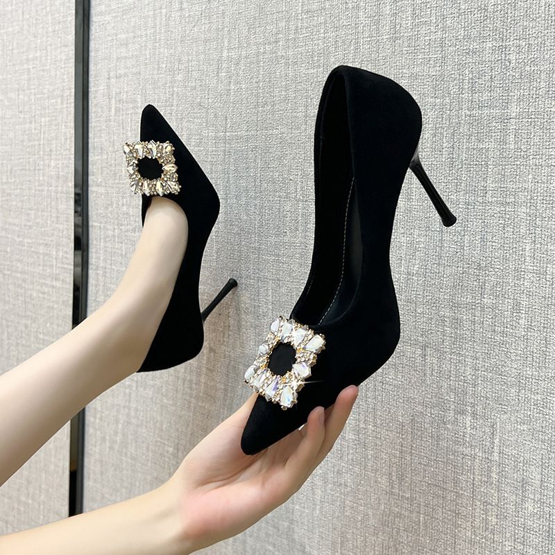 Sexy Pointed Square Button Rhinestone French Black High Heels For Women, 2025 Autumn New Versatile Slim Heel_vogvips.com