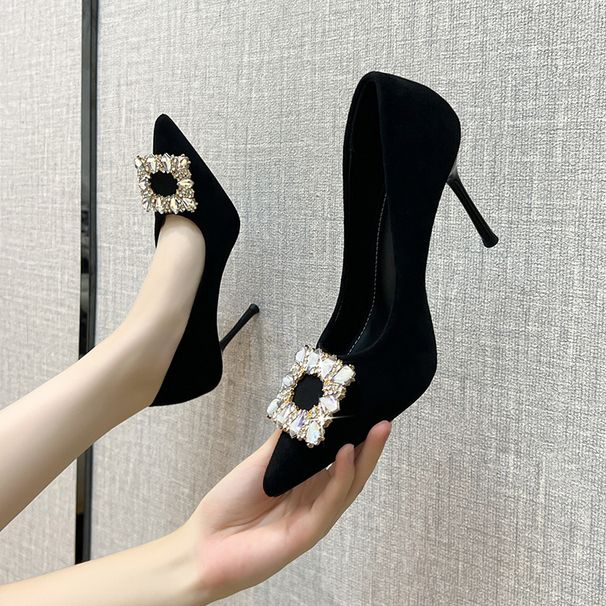 Sexy Pointed Square Button Rhinestone French Black High Heels For Women, 2025 Autumn New Versatile Slim Heel_vogvips.com