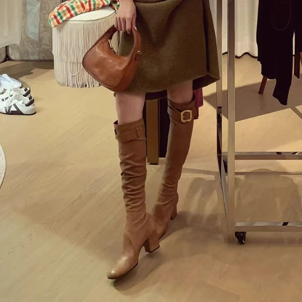 Sheepskin Version ~ Wrinkled Pile For Women With Belt Buckle, Pointed Toe, Chunky Heel, High Tube, Over-the-Knee Long_vogvips.com