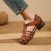 Top-layer Cowhide Brown Vintage Lace-up Woven Pig Cage Shoes Soft Sole, Hollowed-out Design, Closed-toe Roman Sandals_vogvips.com