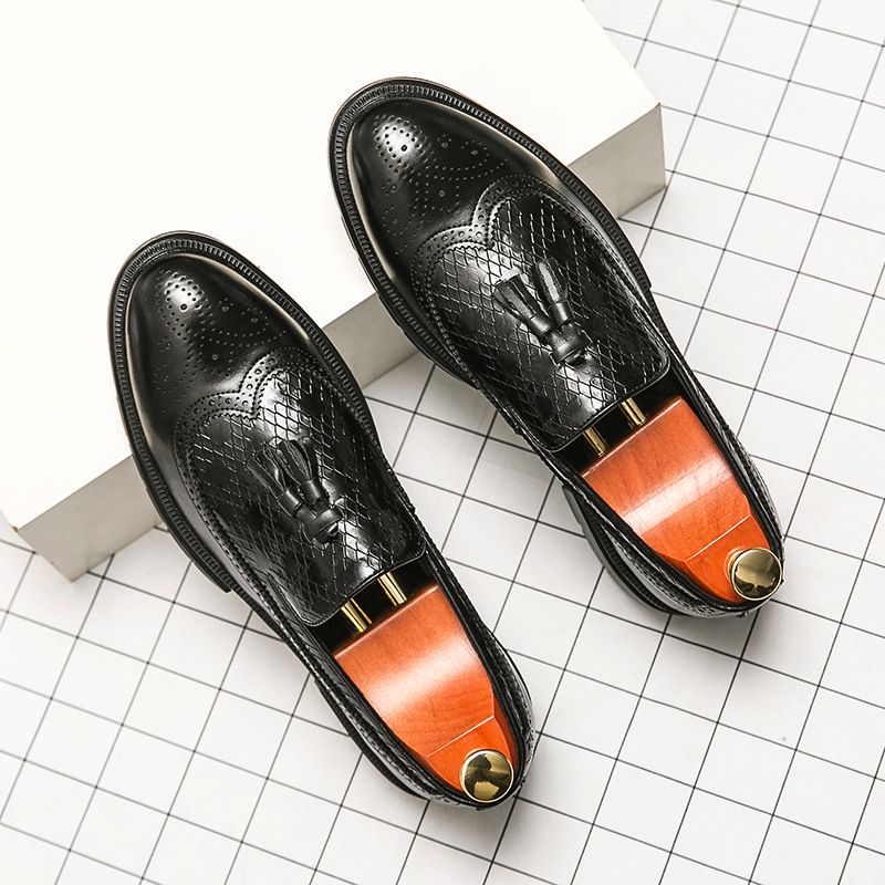 Euro Step Business Large Size 46 Brogue Carved Leather Woven Tassel Slip-On Lazy Formal Shoes_vogvips.com