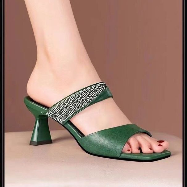 Cross-border Rhinestone Elegant Mid-high Outdoor Women's Shoes, Summer Chunky Heel Fashion Sa, Versatile Slip-on_vogvips.com