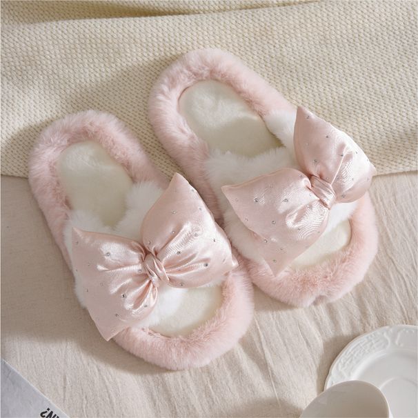 halluci Open-toe Rhinestone Bow Plush Warm Slippers, New Autumn And Winter Anti-slip Thickened Comfortable Cotton Slippers_vogvips.com