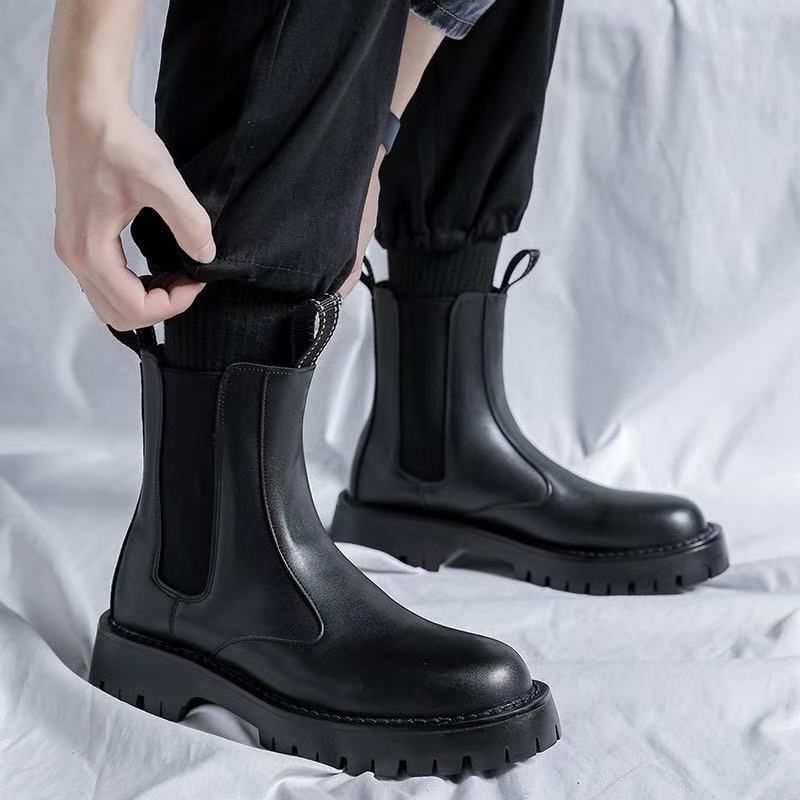 Chelsea Boots Men's High-top Leather Shoes, Cigarette Boots, Martin Boots Men's Velvet Black Boots Men's_vogvips.com