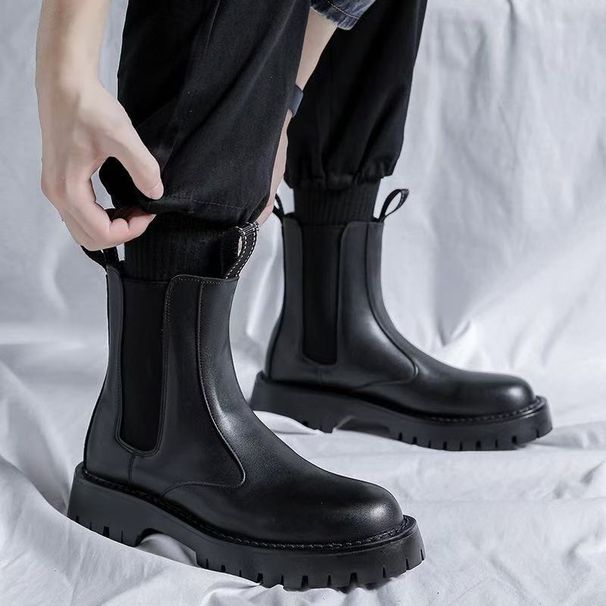 Chelsea Boots Men's High-top Leather Shoes, Cigarette Boots, Martin Boots Men's Velvet Black Boots Men's_vogvips.com