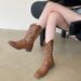 V-Neck Western Cowboy 2022 Autumn New Low Heel Embroidered Mid-Calf Riding Boots For Women_vogvips.com