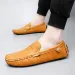 Men Olive Green Penny Loafers Shock Absorption Slip On Driving Shoes With White Stitching And Gold Accent_vogvips.com