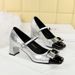 5298-K91 Wind Women's Shoes Versatile Middle Thick Heel Light Mouth Color blocked Metal Buckle Bow Strap Single Shoe_vogvips.com