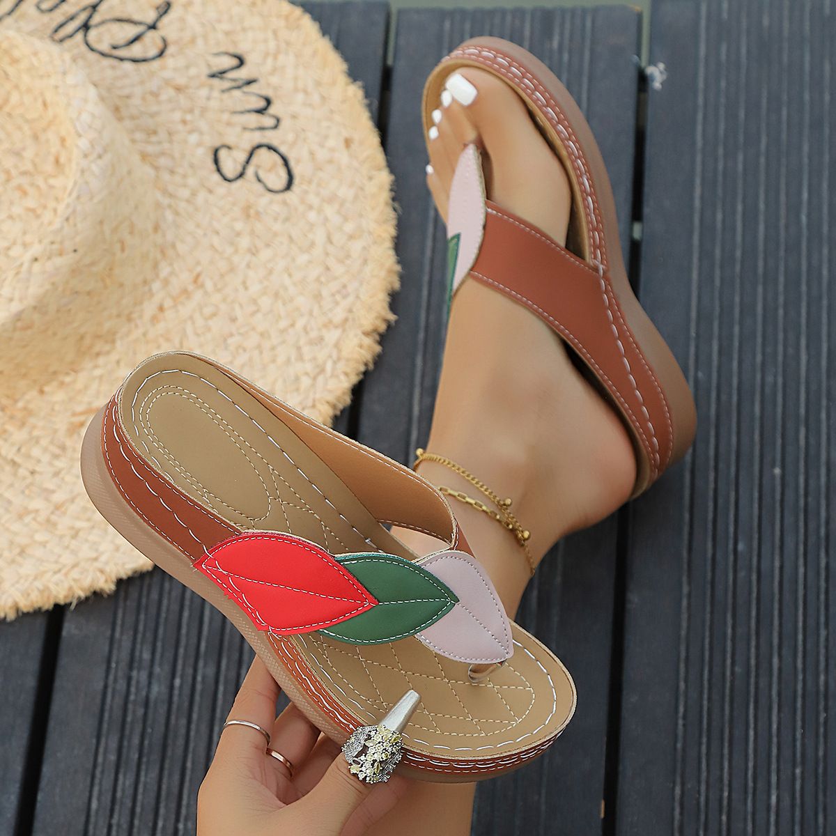 Women's Summer Wedge Sandals Color Block European American Style Wearable Flip Flops_vogvips.com