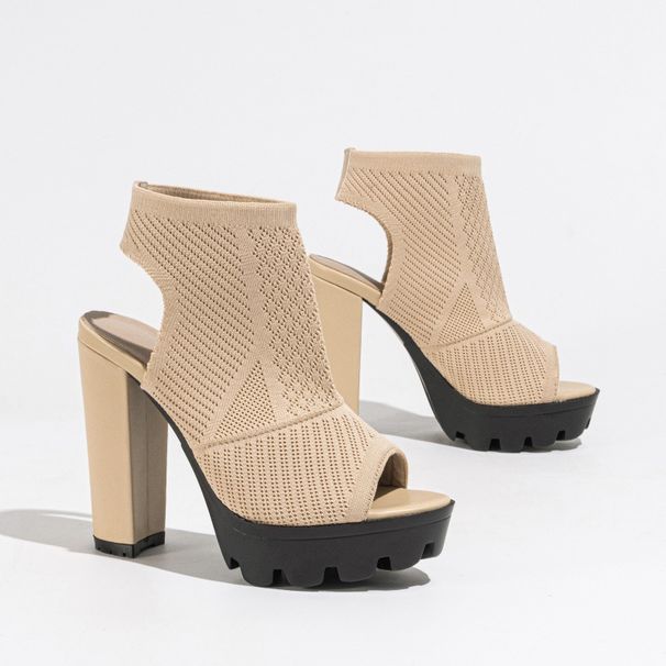 Chunky Heel Open-Toe Knitted Boots – Stretchy Platform Summer Booties For Women (Black/Beige, Sizes 35-42)_vogvips.com