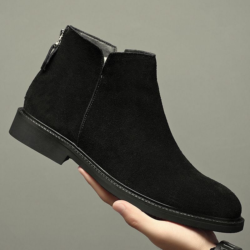 Leather Chelsea Boots Men's Velvet Leather Pointed High Top Leather Shoes Medium Short Boots Martin Boots Black_vogvips.com