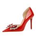 638-H17 Party High Heels European And American Style Shallow Pointed Toe Patent Leather Side Hollow Rhinestone Bowknot_vogvips.com