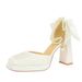 High Heel Sandals Thick Heel Square Head Satin Hollow Pearl One-word Belt Back Bow Wedding Shoes_vogvips.com