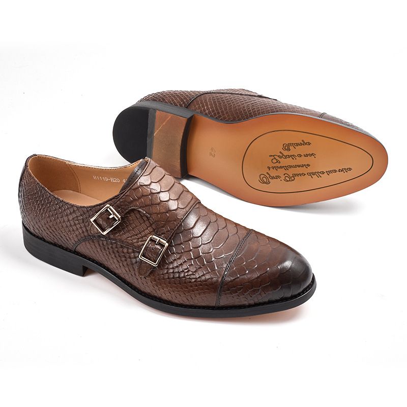 Straight Hair Python Pattern Genuine Cowhide Double Buckle Handmade Mengke British Style Men's Monk Shoes_vogvips.com