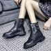 Autumn New Black Versatile Leather Flat Bottomed Short Boots, Mid Calf Martin Boots, Double Breasted Women's Boots_vogvips.com