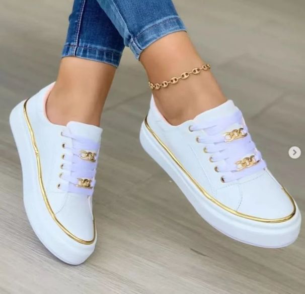 Women Metal Chain Sneakers Thick Bottom Low-top Sports Shoes Lace Up Flats Lightweight Walking Trainers Deportivas De_vogvips.com