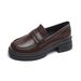 Weiwei Girl Thick Soled Loafers For Women Retro Melad Brown Leather Chunky Heel Soft Sole Single Shoes_vogvips.com