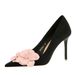 1829-H57 Korean Version Fashionable Sweet Slim Super High Heels, Suede, Light Mouth Pointed, Color Blocked Flower Single_vogvips.com