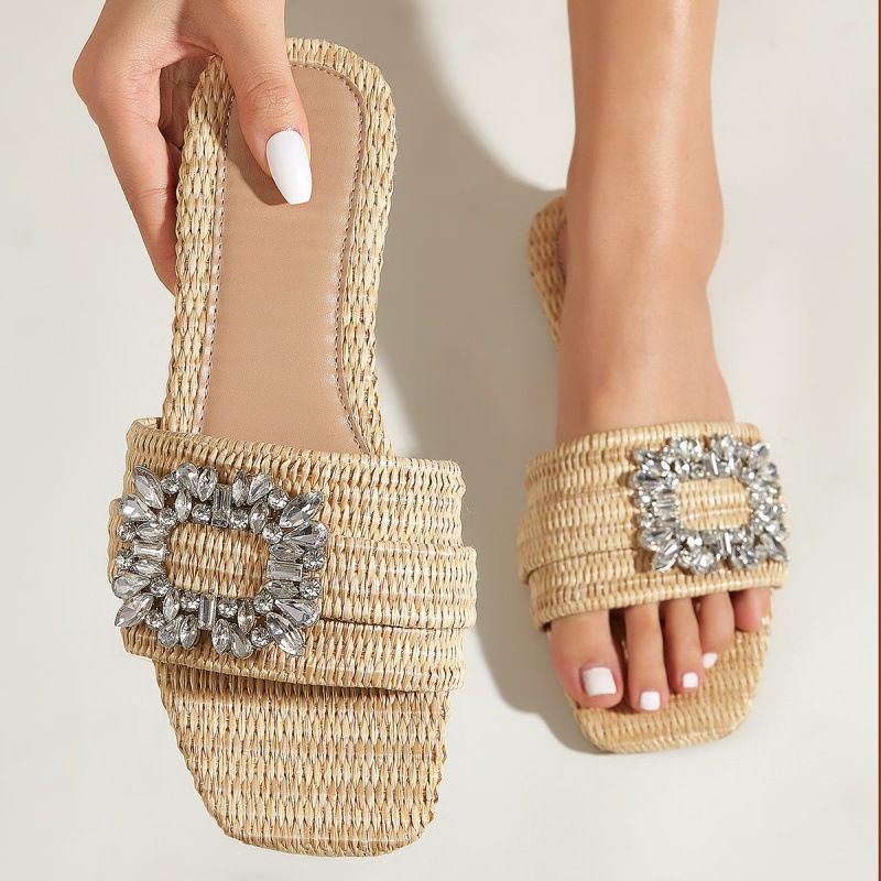 Women’s Shoes New Square Head Straw Flat Heel Outdoor Daily Casual All Match Slippers For Women_vogvips.com