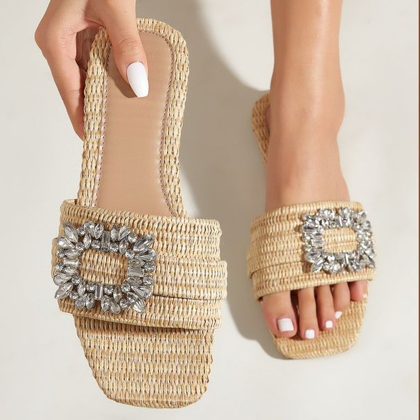 Women’s Shoes New Square Head Straw Flat Heel Outdoor Daily Casual All Match Slippers For Women_vogvips.com