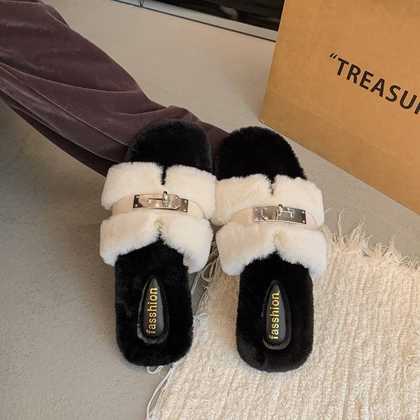 Hairy Slippers For Women In Autumn And Winter Of 2025, H-shaped Plush Flat Bottom Outer Wear Flat Bottom Name Slippers_vogvips.com