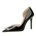638-K63 Banquet High Thin Heels, Lacquer Leather, Shallow Mouth, Pointed Side Hollow Square Metal Buckle, Water Diamond_vogvips.com