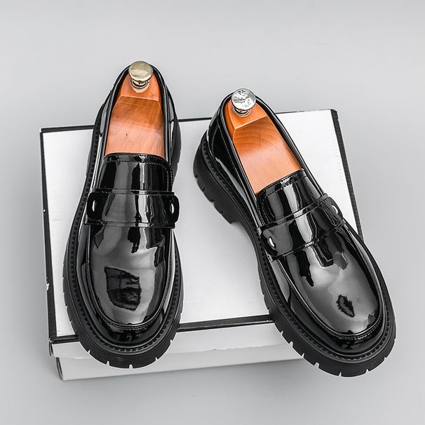 TerraStride Casual Black Patent Leather British Style Slip-On Round Toe Loafers Thick Sole Single Shoes_vogvips.com