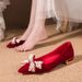 Red Wedding For Women 2022 New Pearl Bow High Heels Pointed Toe Chunky Heel Single Xiuhe Shoes_vogvips.com