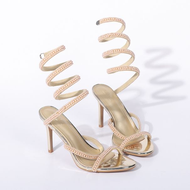 Elegant French-Style Pearl Strap Snake Wrap High Heel Sandals - Pointed Toe Open-Toe Women's Fashion Shoes (Black/White/Gold, 36-41)_vogvips.com