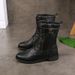 Cross-border New Plus Size Soes Round Toe Cunky Heel Lace-up Side Zipper Solid Color Mid-calf Women's Martin Boots_vogvips.com