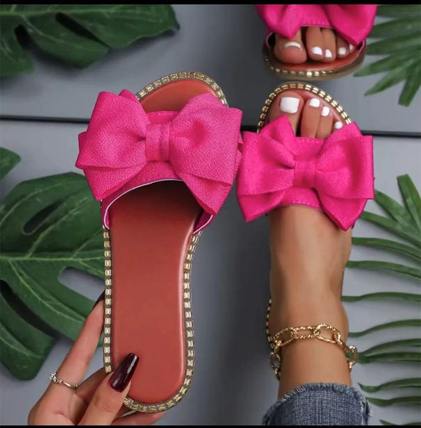 New Flat Bottom Rhinestone Bow Flip-flops Women Wear Solid Color Lightweight Cloth Slippers_vogvips.com