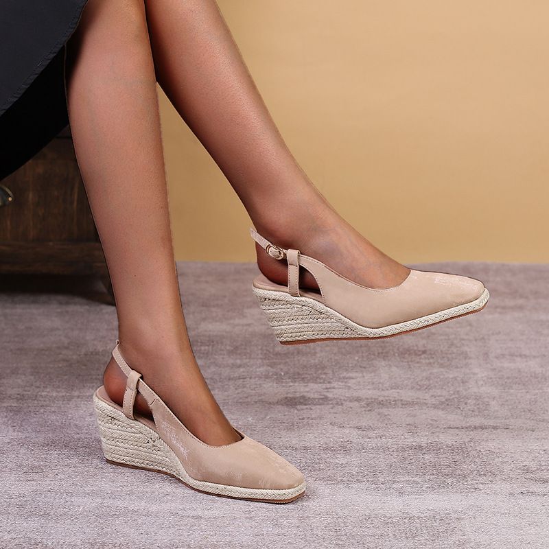 Women's Shoes Wedge Heel Square Toe Thick Bottom High Heel Closed Toe Slip On Straw Braided Rope Bottom One Piece Women's Single Shoes_vogvips.com
