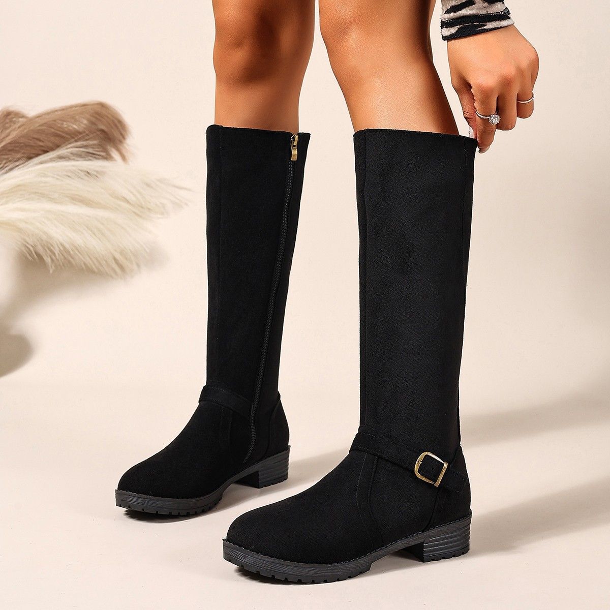 Women's Suede Riding Boots Plus Size Slimming Low Heel High Top Winter_vogvips.com