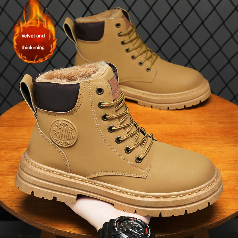 European Warm Series New Men's Yellow High-top Martin Winter Fleece-lined Warm Thick-soled Cotton Shoes Jinjiang Outdoor Work Boots_vogvips.com
