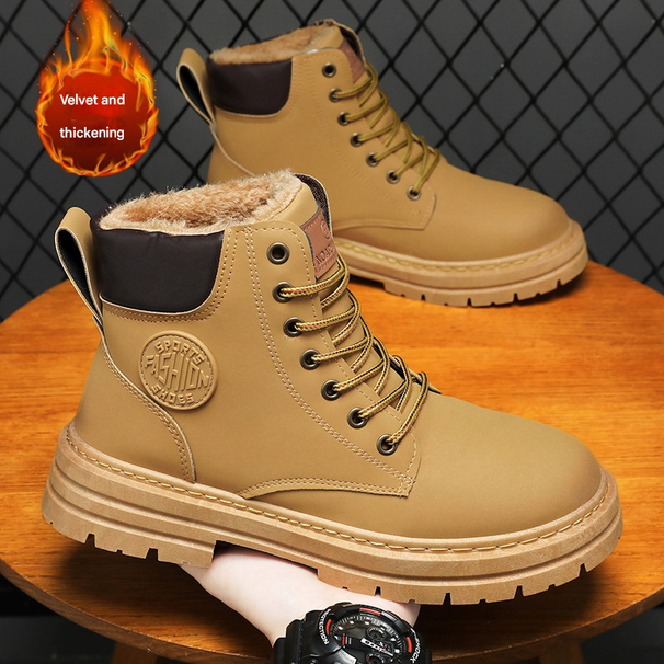 European Warm Series New Men's Yellow High-top Martin Winter Fleece-lined Warm Thick-soled Cotton Shoes Jinjiang Outdoor Work Boots_vogvips.com
