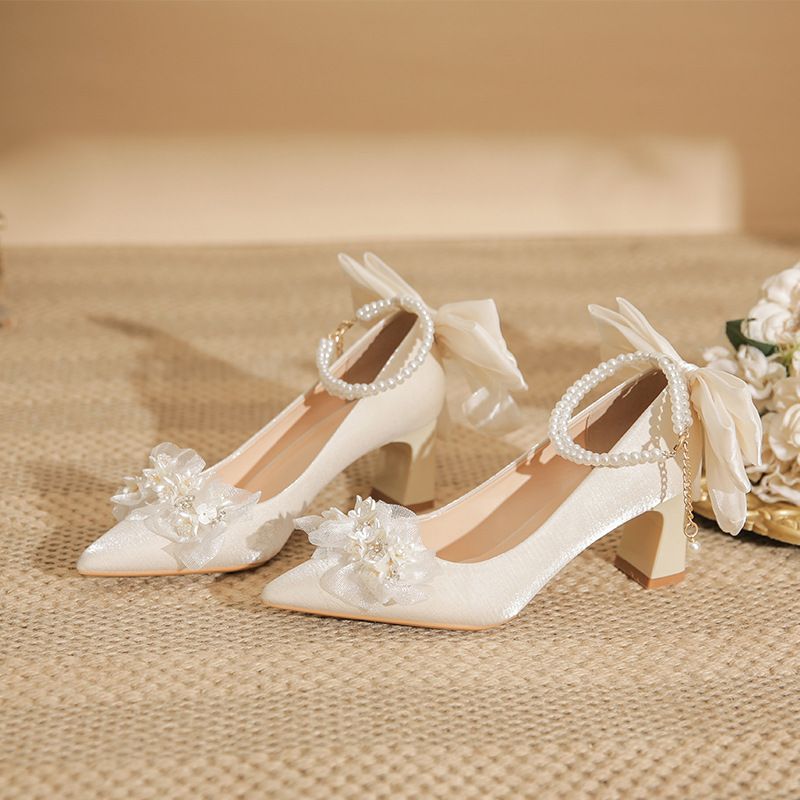 Women's Shoes Elegant Pointed-Toe Satin Wedding Heels For Women - Comfortable Chunky Heel Bridal Shoes In Beige (Sizes 31-43, 6cm/8cm Heel Options)_vogvips.com