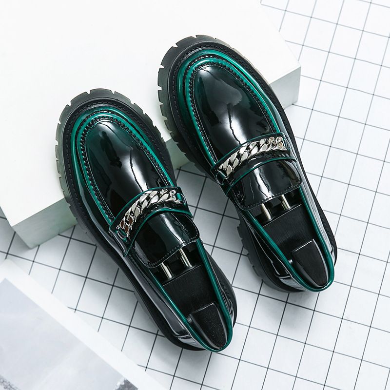 2025 New Men's Large Toe Thick Sole Height Increasing Patent Leather Glossy Casual Chunky Heel Loafers Hairstylist_vogvips.com