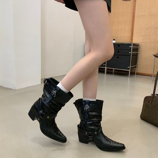 French-Style Western Short For Women, 2026 Autumn/Winter, Faux Leather, Chunky Heel, Black, Niche Pointed-Toe Riding_vogvips.com