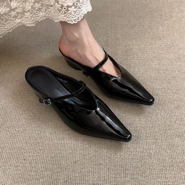 French Style Hidden Wedge Half Slippers For Women, One-Word Buckle Patent Leather Pointed Toe Single Shoes, Versatile_vogvips.com