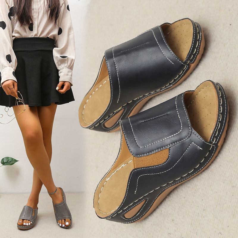 Platform Open Toe Beach Slippers Women's Wedge Heels Lightweight PU Sole Flip-flops_vogvips.com