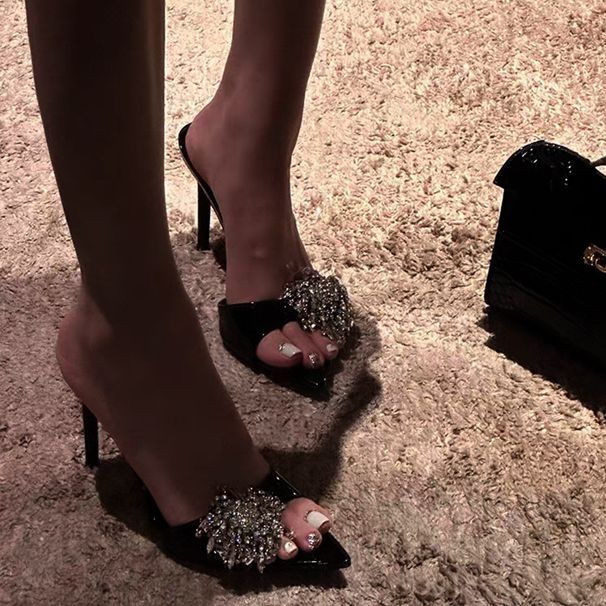 Summernew Arrival Pointed Toe Patent Leather Silver Rhinestone High Heels Women's Stiletto Sexy One-strap Half Slippers Sandals_vogvips.com